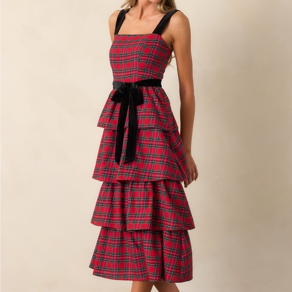SUGARLIPS ELEGANCE DEFINED 100% COTTON RED PLAID TIERED MIDI DRESS - Picture 1 of 16